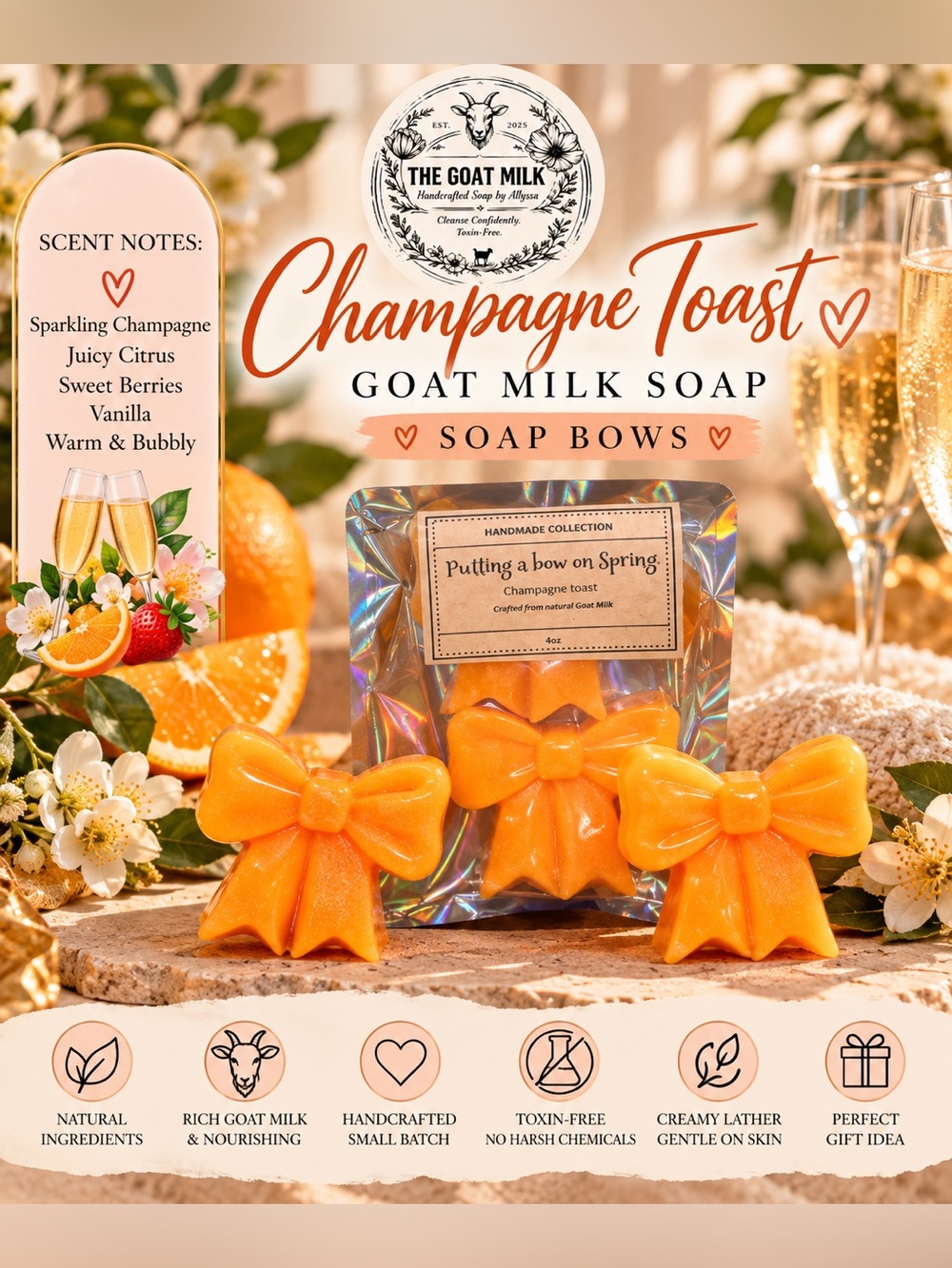 Handmade Goat Milk  Neon Orange champagne toast bars bows